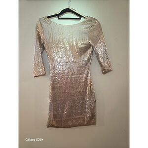 Rose Gold Sequin Bodycon Mini Dress Low Back 3/4 Sleeve XS